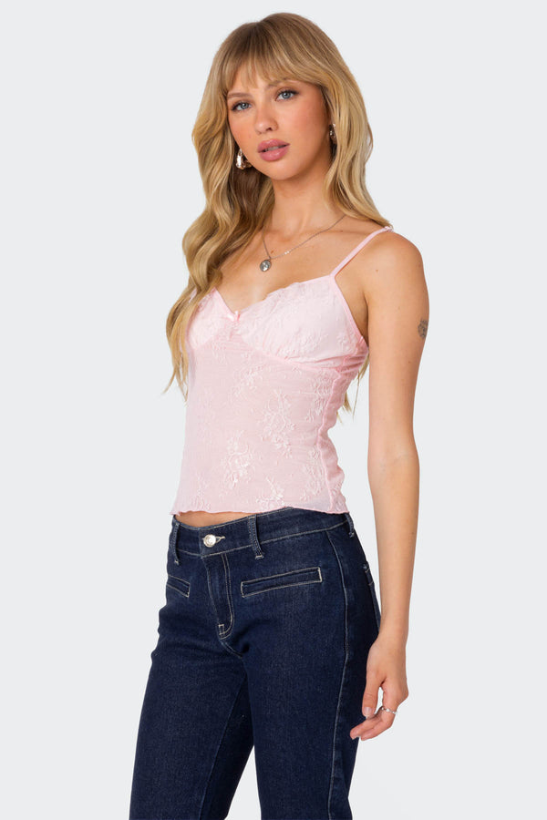 Edikted Angelina Sheer Lace Tank Top Pink