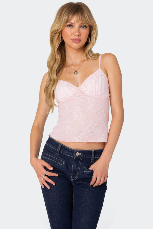 edikted Angelina Sheer Lace Tank Top pink