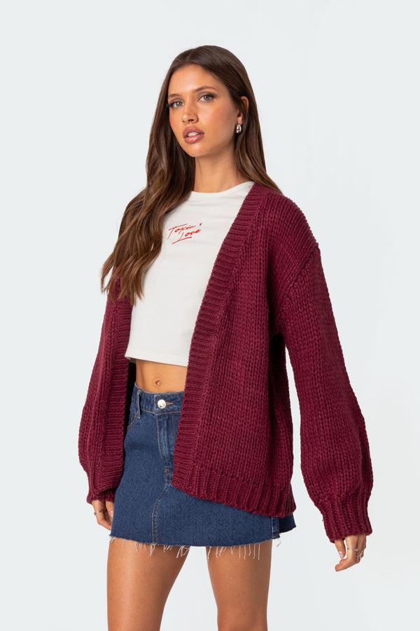 Edikted Anina Oversized Knit Cardigan Burgundy