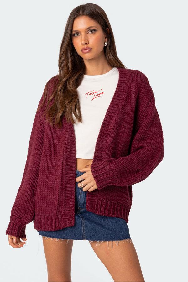 edikted Anina Oversized Knit Cardigan burgundy