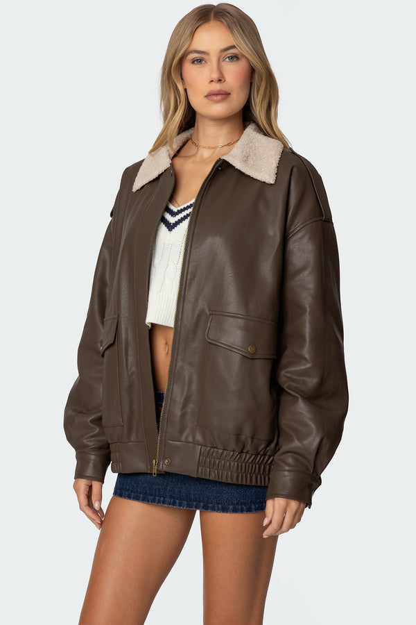 Edikted Ann Oversized Faux Leather Jacket Brown