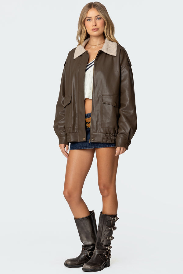Edikted Ann Oversized Faux Leather Jacket Brown