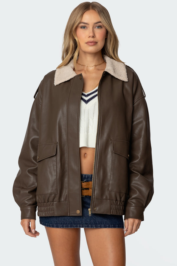 edikted Ann Oversized Faux Leather Jacket brown