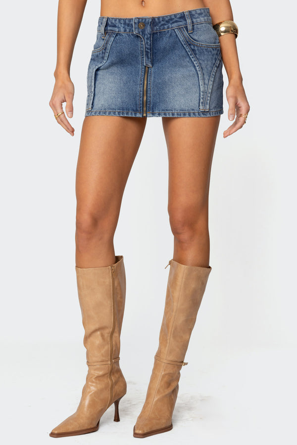 Edikted Anne Zip Up Denim Mini Skirt Blue