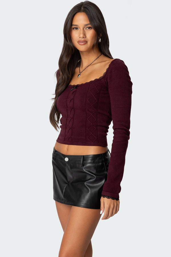 Edikted Ansley Lacey Cable Knit Top Burgundy