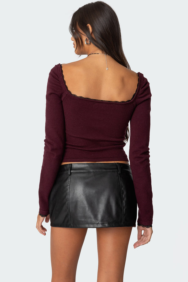 Edikted Ansley Lacey Cable Knit Top Burgundy