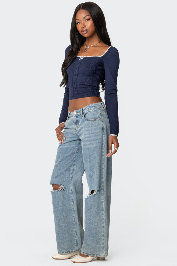 Edikted Ansley Lacey Cable Knit Top Navy