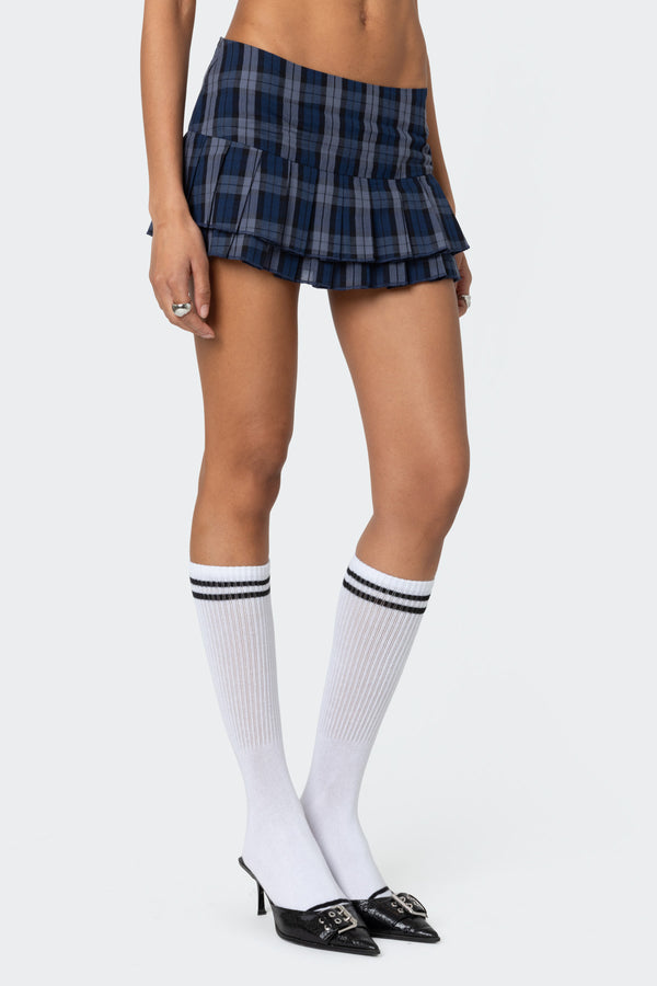 Edikted Ara Plaid Pleated Skort Dark Blue