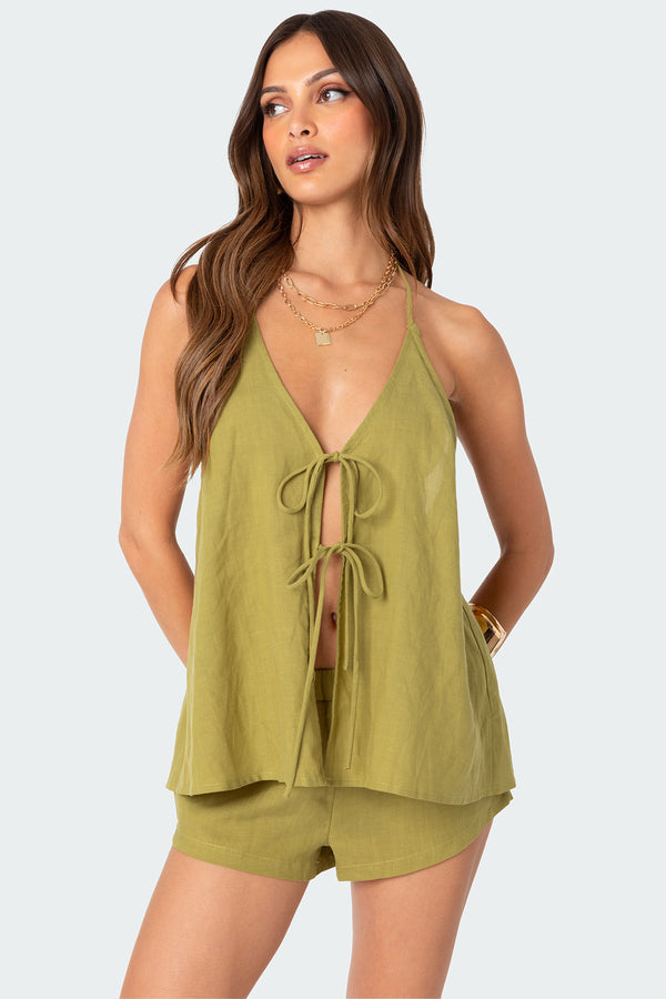 edikted Arden Linen Look Tie Front Top green