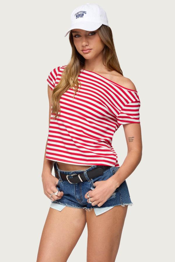Edikted Aretha Striped Off Shoulder Top Red