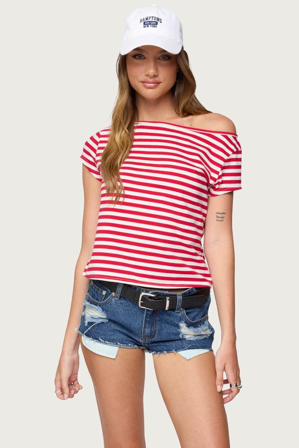 edikted Aretha Striped Off Shoulder Top red