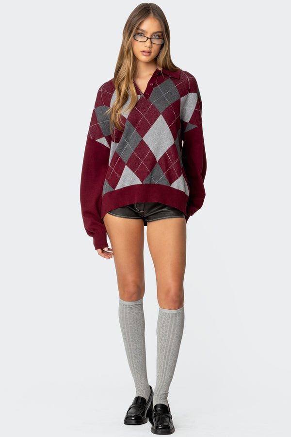 Edikted Argyle Oversized Polo Sweater Burgundy