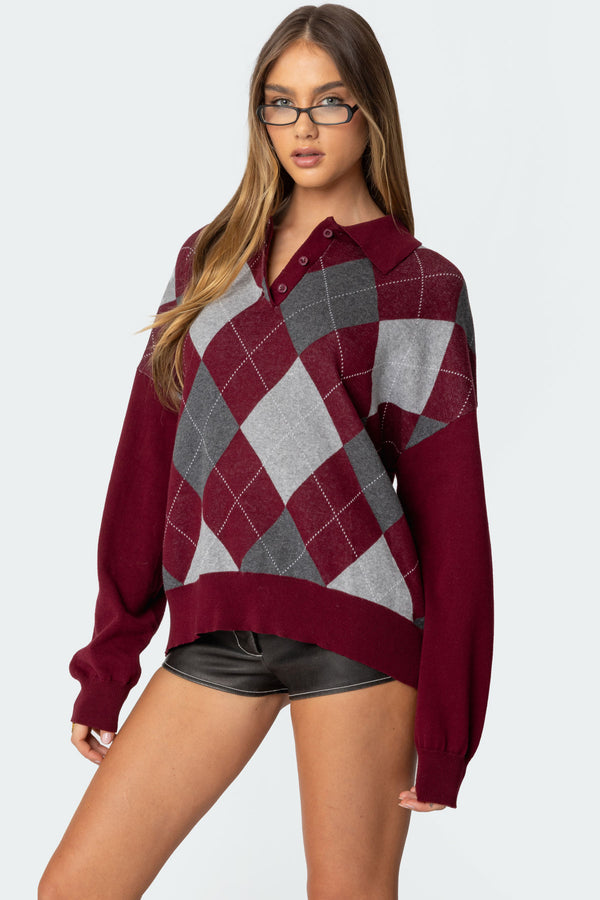 Edikted Argyle Oversized Polo Sweater Burgundy