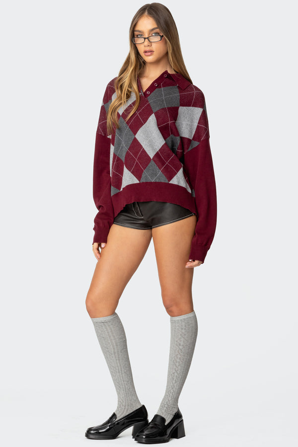 Edikted Argyle Oversized Polo Sweater Burgundy