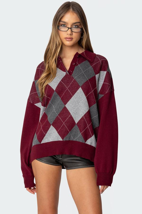 edikted Argyle Oversized Polo Sweater burgundy