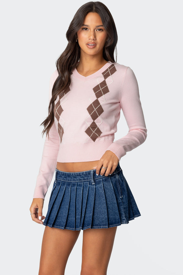 Edikted Argyle V Neck Knit Sweater Light Pink