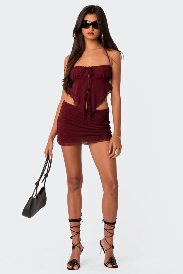 Edikted Ariyah Mesh Mini Skirt Burgundy