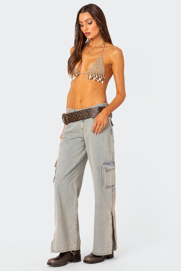 Edikted Aruba Beaded Crochet Bra Top Beige