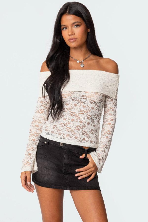 edikted Ashley Off Shoulder Sheer Lace Top cream