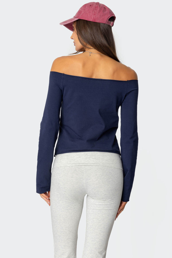 Edikted Aspen Ski Club Off Shoulder Top Navy