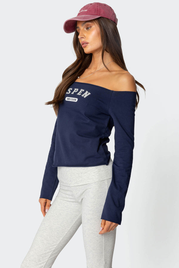 Edikted Aspen Ski Club Off Shoulder Top Navy