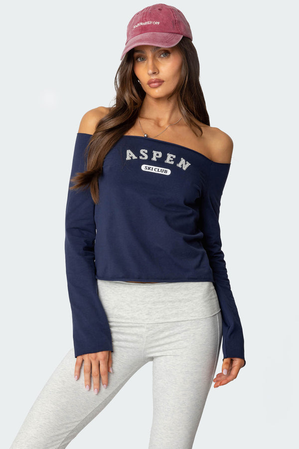 edikted Aspen Ski Club Off Shoulder Top navy