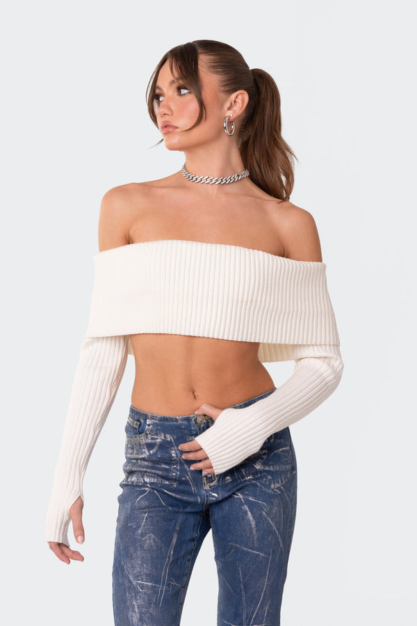 Edikted Astrea Fold Over Cropped Sweater Cream