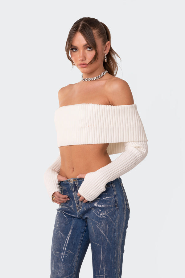 Edikted Astrea Fold Over Cropped Sweater Cream