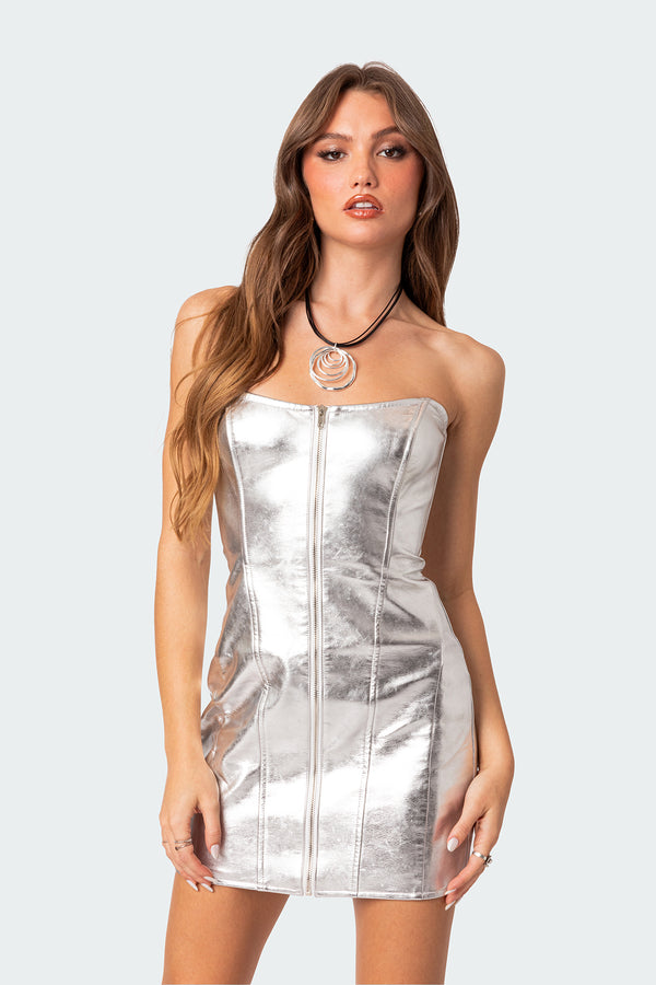Edikted Astro Zip Up Metallic Mini Dress Silver