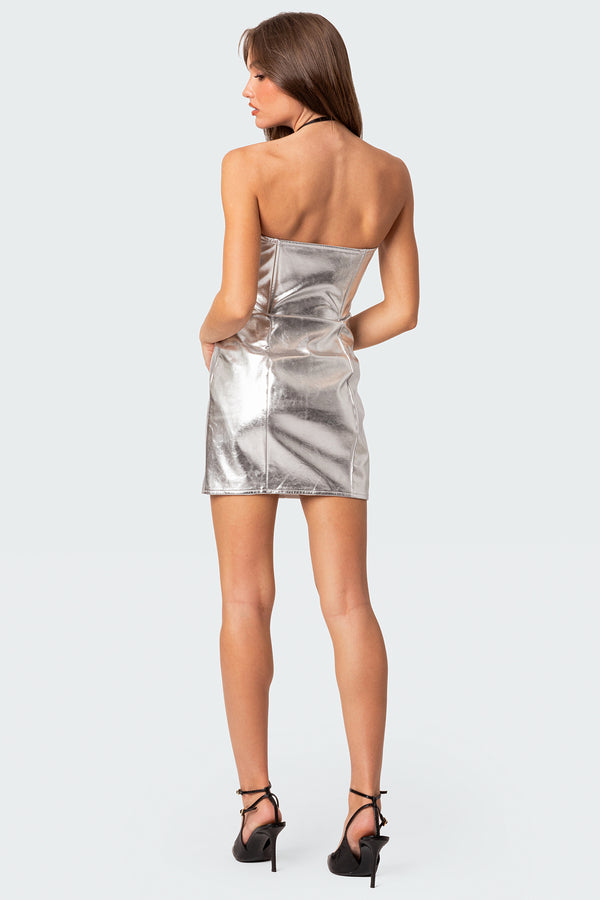 Edikted Astro Zip Up Metallic Mini Dress Silver