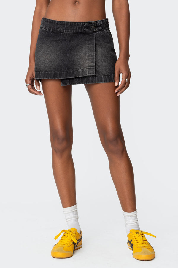 Edikted Asymmetric Denim Wrap Skort Black