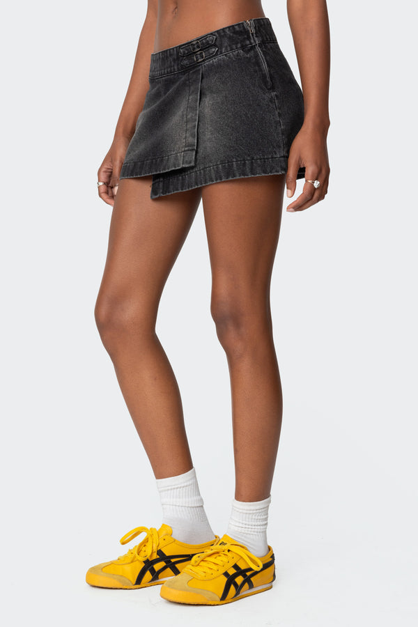 Edikted Asymmetric Denim Wrap Skort Black