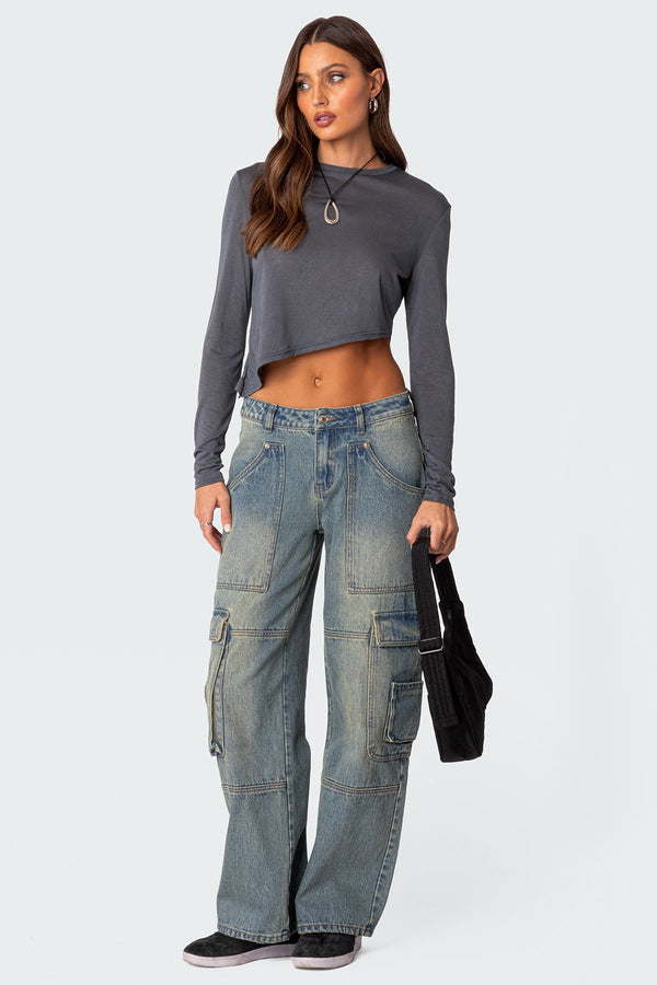 Edikted Asymmetric Long Sleeve T Shirt Gray