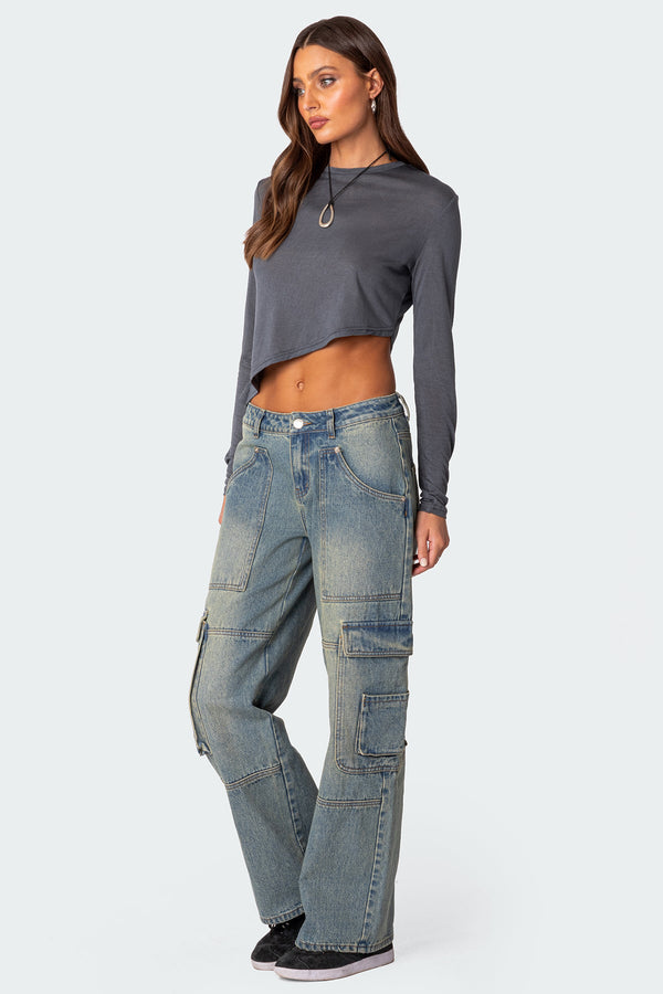 Edikted Asymmetric Long Sleeve T Shirt Gray