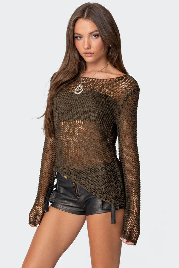 Edikted Asymmetric Open Knit Top Olive