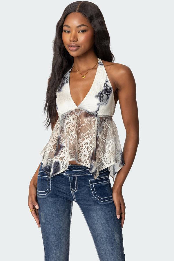 edikted Asymmetric Printed Lace Halter Top mix
