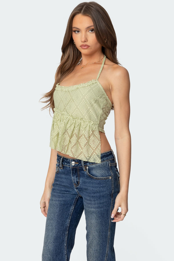Edikted Asymmetric Sheer Lace Halter Top Green