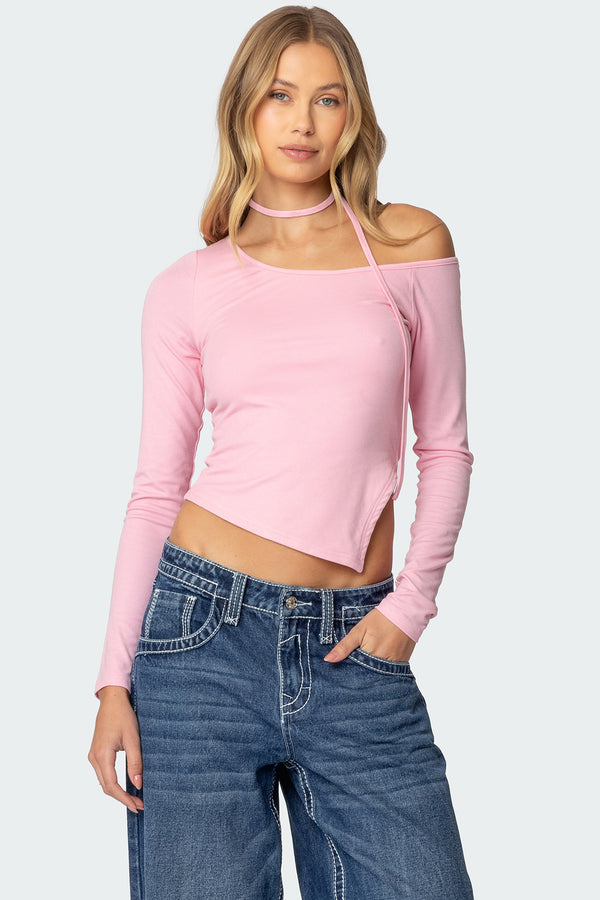 edikted Asymmetric Two Piece Choker Top light pink