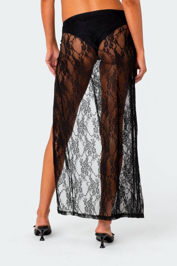 Edikted Aura Low Rise Sheer Lace Maxi Skirt Black