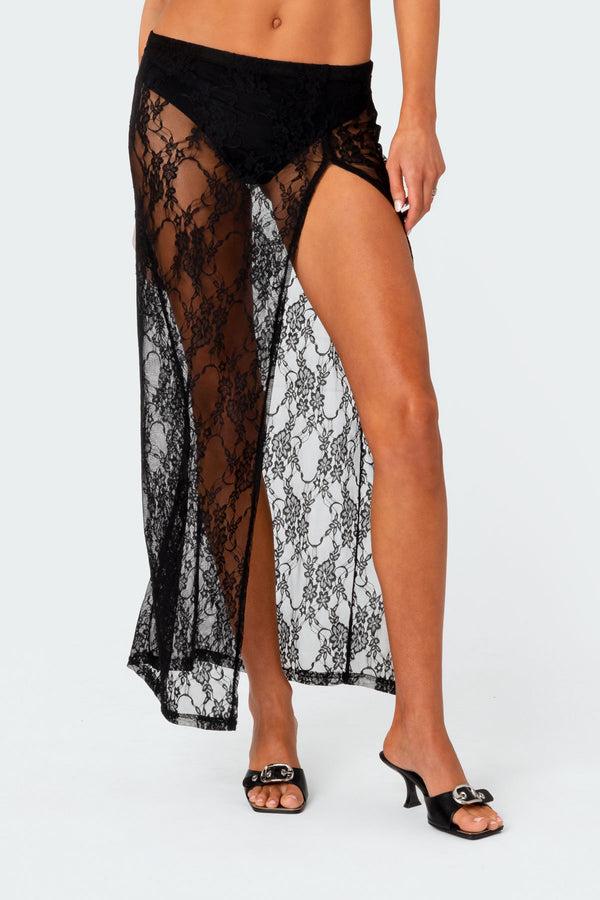 Edikted Aura Low Rise Sheer Lace Maxi Skirt Black
