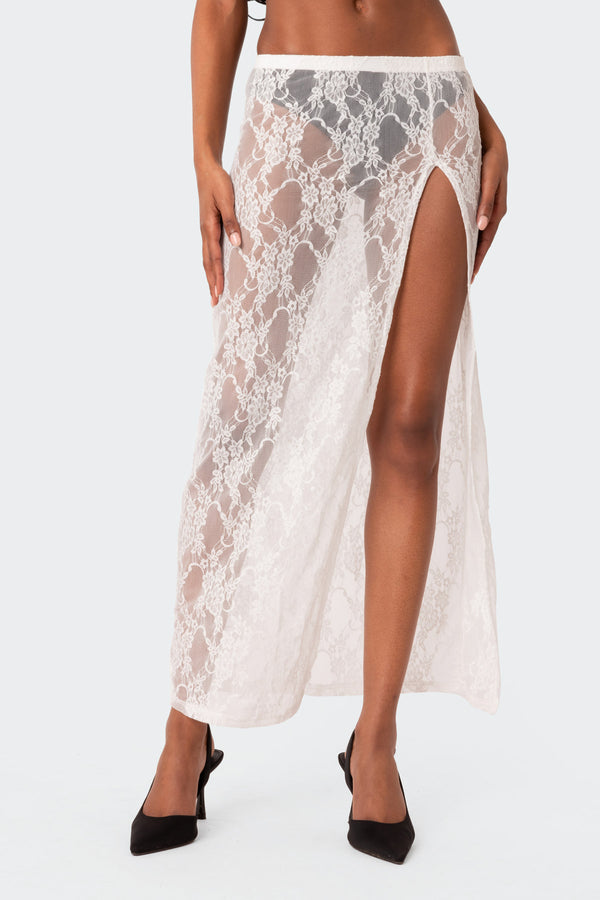 Edikted Aura Low Rise Sheer Lace Maxi Skirt White