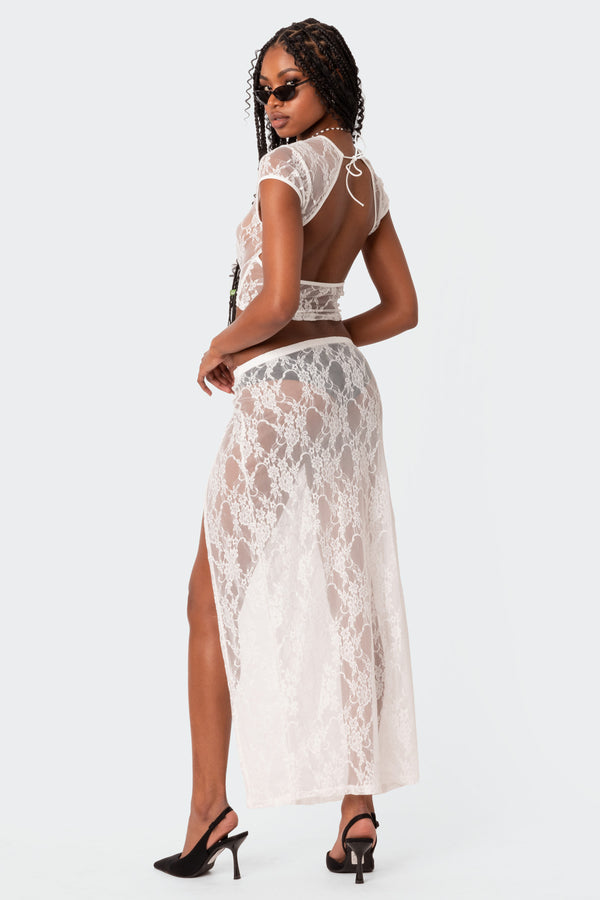 Edikted Aura Low Rise Sheer Lace Maxi Skirt White
