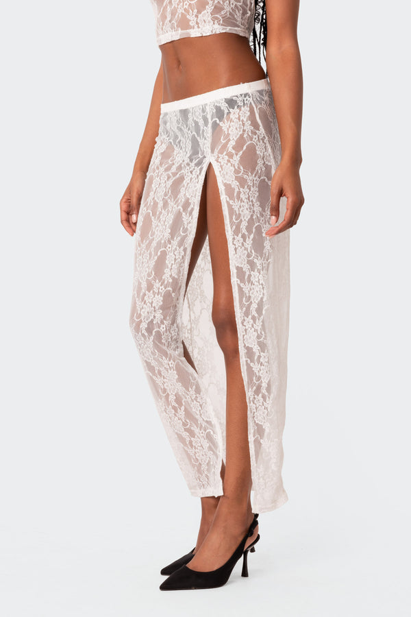Edikted Aura Low Rise Sheer Lace Maxi Skirt White