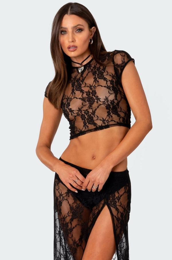 edikted Aura Open Back Sheer Lace Crop Top black
