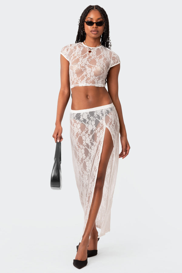 Edikted Aura Open Back Sheer Lace Crop Top White