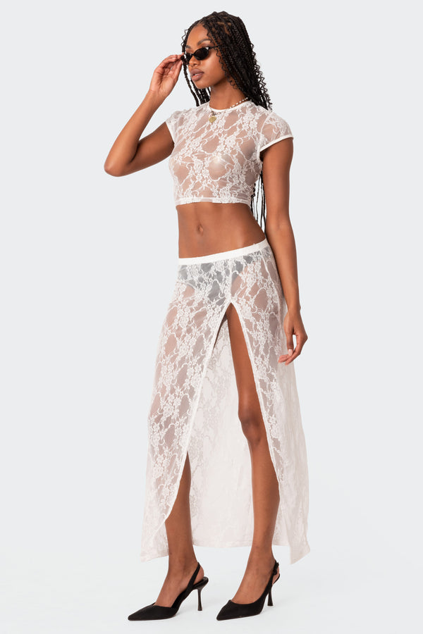 Edikted Aura Open Back Sheer Lace Crop Top White