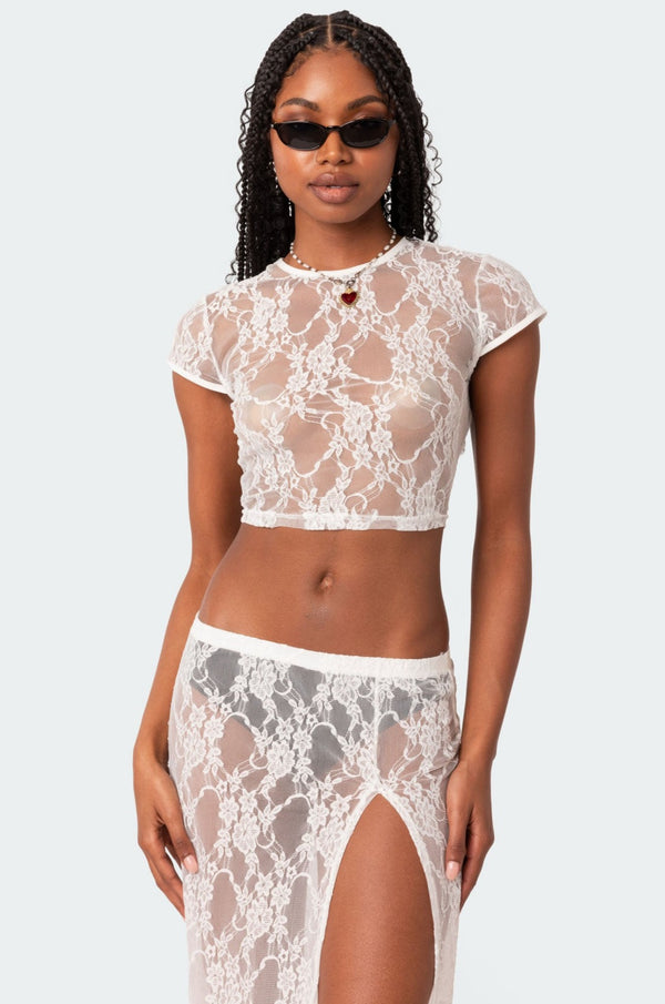 edikted Aura Open Back Sheer Lace Crop Top white