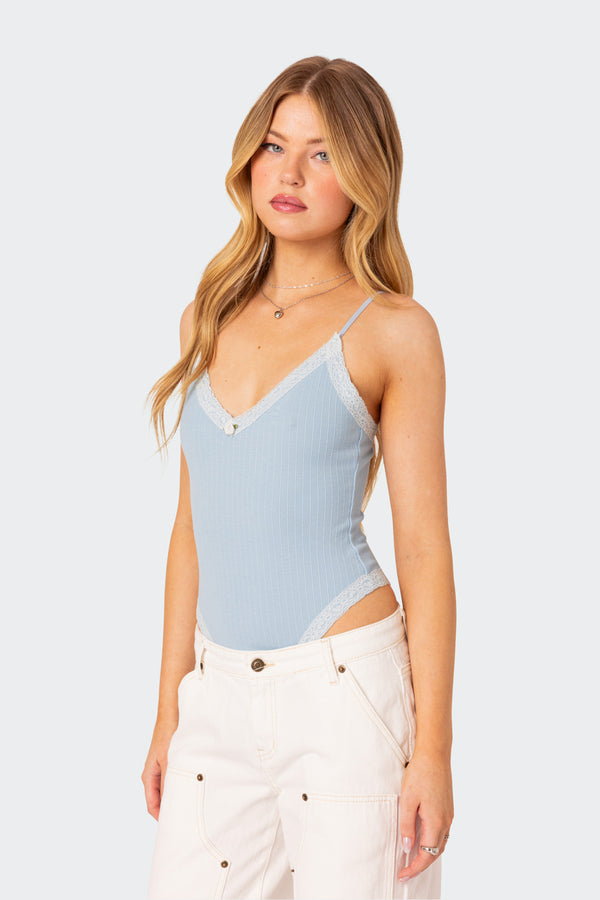 Edikted Aurora Lace Trim Bodysuit Light Blue