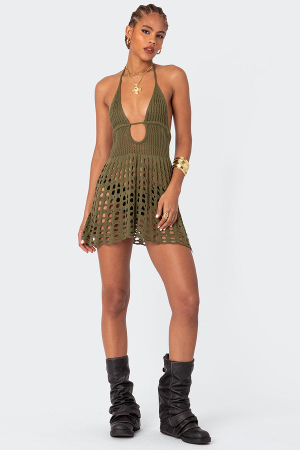 Edikted Austin Open Back Crochet Mini Dress Olive
