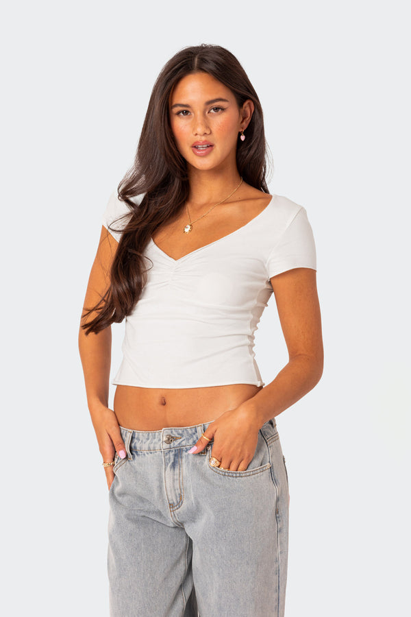 Edikted Ava V Neck Ruched Top White